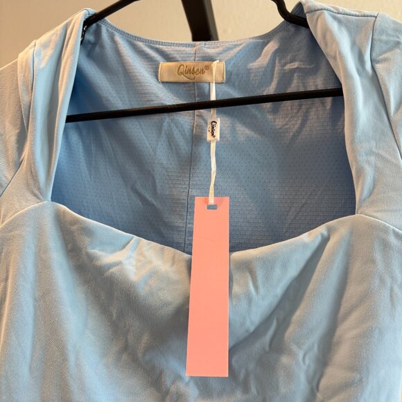 QINSEN Womens Square Neck Tennis Dress Short Sleeve Built in Shorts - Picture 5 of 7